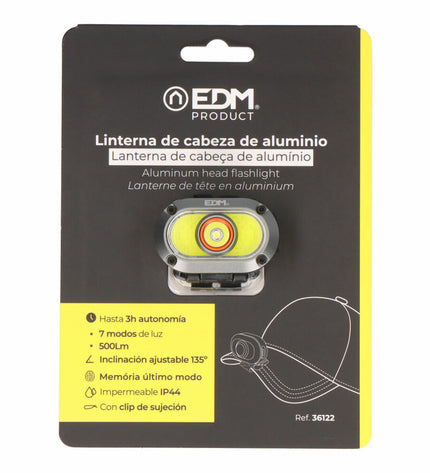EDM LED headlamp for outdoor activities, 7W, 500 lumens, suitable for camping and hiking, with adjustable strap and bright light.