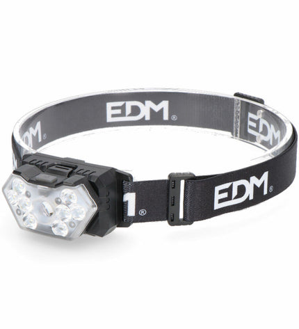 EDM LED headlamp for outdoor activities, with adjustable straps, 5W and 8W settings, 400 lumens, suitable for camping and hiking.