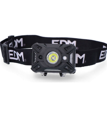 Three EDM LED headlamps with COB 5W LEDs, light sensor, and 7 functions, designed for outdoor camping and hiking activities.