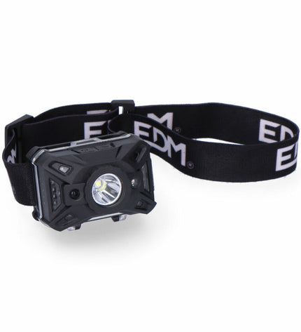 Three EDM Product headlamps with COB LEDs, 5W power, light sensor, and seven functions, designed for outdoor camping and hiking.