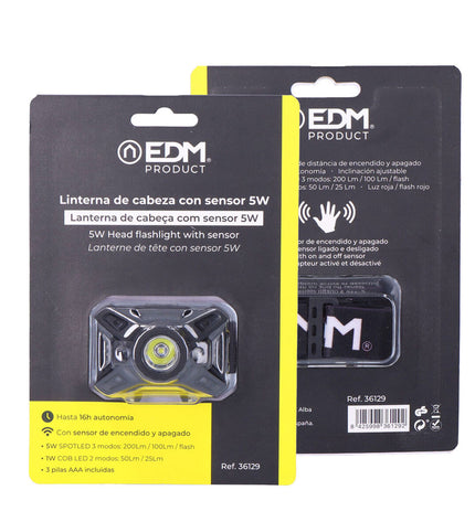 Set of three EDM LED headlamps with Cob 5W, 200 lumens, light sensor, and 7 functions, ideal for outdoor camping and hiking.
