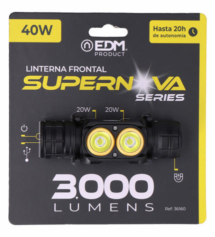 EDM Supernova LED headlamp for camping and outdoor activities, 40W, 3000 lumens, adjustable head strap, suitable for hiking.