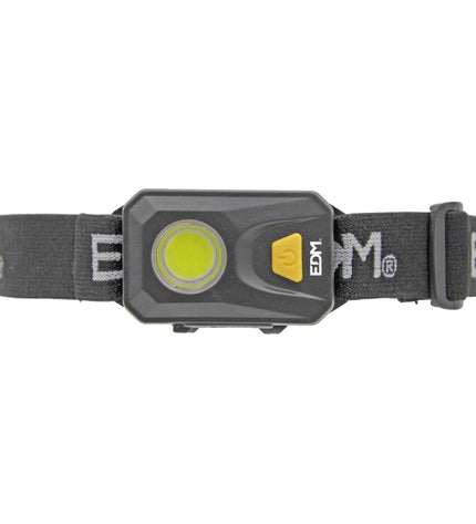 EDM LED headlamp for outdoor activities, 3W, 250 lumens, adjustable strap, suitable for camping and hiking.