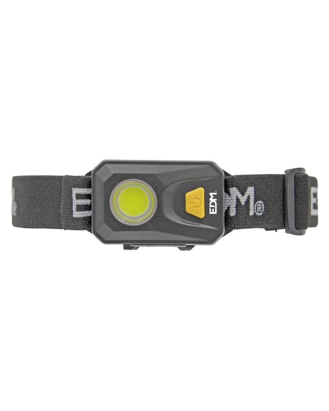 EDM LED headlamp for outdoor activities, 3W, 250 lumens, adjustable strap, suitable for camping and hiking.