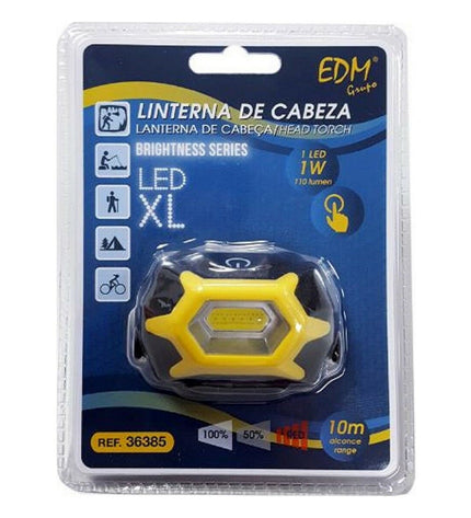 Yellow and black LED headlamp for outdoor activities, 1W, 120 lumens, EDM brand, suitable for camping and hiking.