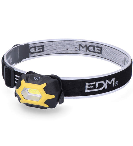 Yellow and black LED headlamp for outdoor activities, EDM 36385 XL with 1W LED and 120 lumens, suitable for camping and hiking.