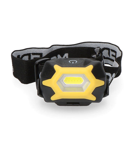 EDM LED headlamp for outdoor activities, yellow and black, 1W, 120 lumens, suitable for camping and hiking.
