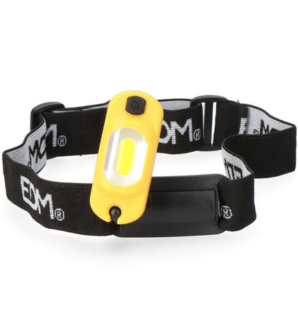 EDM LED headlamp for camping and outdoor activities, yellow and black, 1W, 100 lumens, suitable for hiking and outdoor adventures.