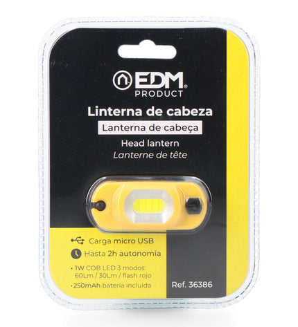 EDM LED headlamp for outdoor activities, black and yellow, 1W, 100 lumens, suitable for camping and hiking.