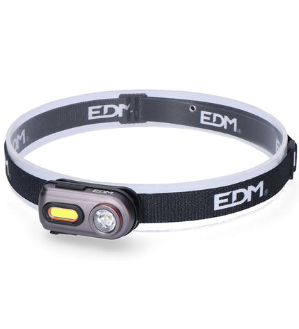 Black LED headlamp EDM 36416 with 5W for outdoor activities, camping, and hiking, featuring adjustable strap and bright light.