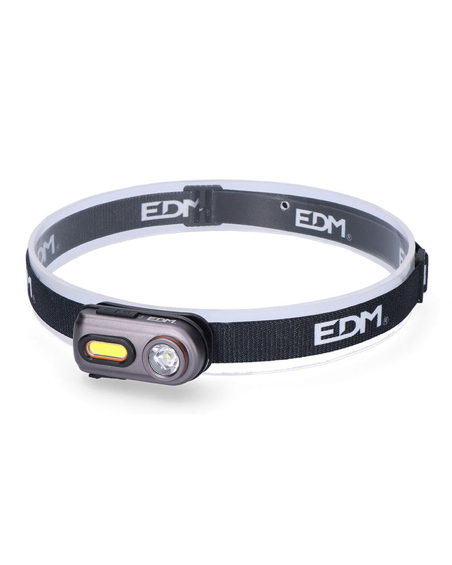 Black LED headlamp EDM 36416 with 5W for outdoor activities, camping, and hiking, featuring adjustable strap and bright light.