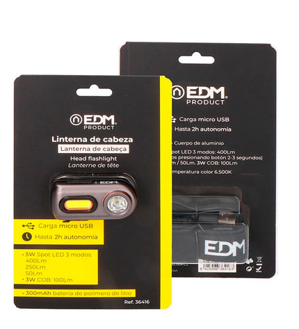Black EDM 36416 LED headlamp with 5W for outdoor activities, camping, and hiking, worn on the head for hands-free lighting.