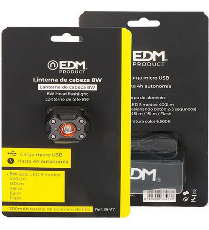 Black EDM LED headlamp for outdoor activities, 8W, 400 lumens, ideal for camping and hiking.