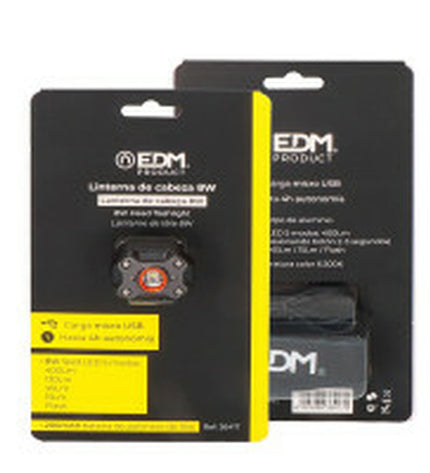 Black LED headlamp for outdoor activities, 8W, 400 lumens, suitable for camping and hiking, by EDM Product.