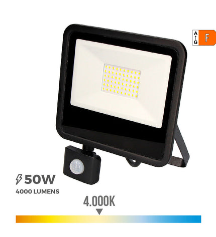 Outdoor black EDM Bouwlamp EDM 70358 F 50W garden spotlight with 4000K warm white light, designed for exterior decoration.
