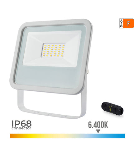Outdoor garden floodlight EDM 70374 in white, 30W, 2100 lumens, 6400K color temperature, for exterior decorative lighting.