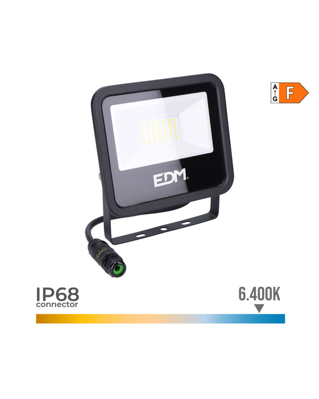 Black EDM Bouwlamp EDM 70402 F 30W outdoor garden light with 6400K lighting, used for exterior decoration and illumination.