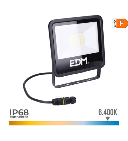 LED spotlight EDM 70403 Zwart F 50W outdoor garden decoration with 4000 lumens and 6400K color temperature.