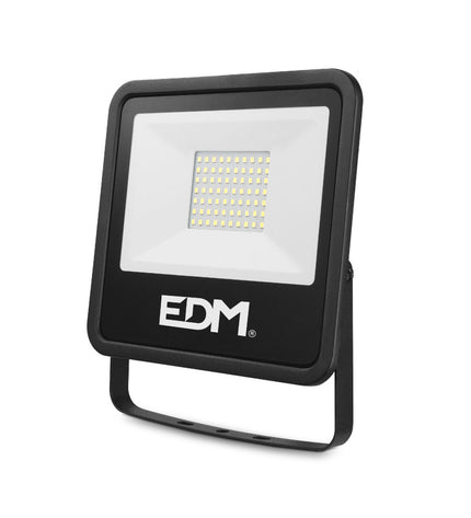 Black 50W LED spotlight EDM 70403 for outdoor garden decoration, showing the compact design and bright 4000 lumen illumination.