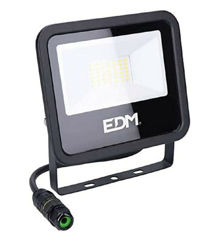Black EDM Bouwlamp EDM 70407 outdoor garden floodlight with 30W and 4000K bright white light, suitable for exterior decoration.