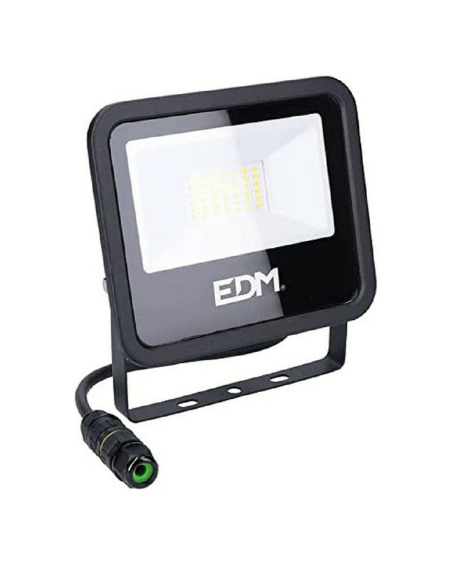 Black EDM Bouwlamp EDM 70407 outdoor garden floodlight with 30W and 4000K bright white light, suitable for exterior decoration.
