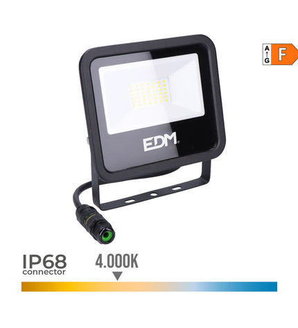 Black EDM Bouwlamp EDM 70407 exterior garden floodlight with 30W, 4000K for outdoor decoration and lighting.