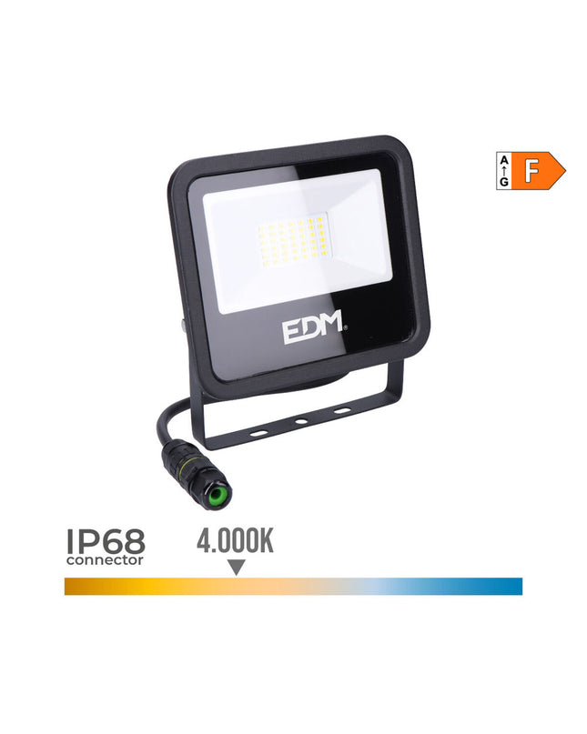 Black EDM Bouwlamp EDM 70407 exterior garden floodlight with 30W, 4000K for outdoor decoration and lighting.