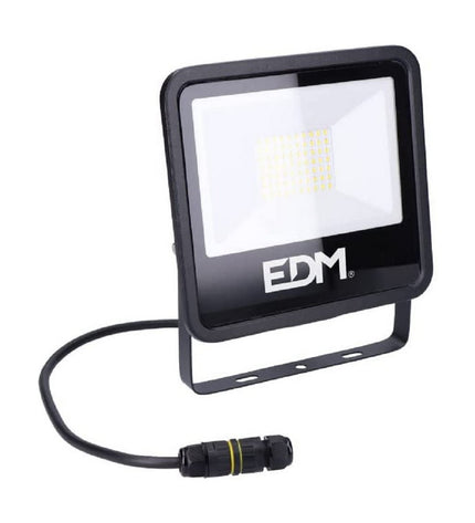 Black EDM Bouwlamp EDM 70408 outdoor garden floodlight with 50W bulb, 4000K for outdoor decoration and lighting.