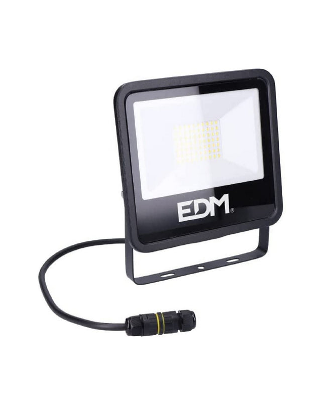Black EDM Bouwlamp EDM 70408 outdoor garden floodlight with 50W bulb, 4000K for outdoor decoration and lighting.