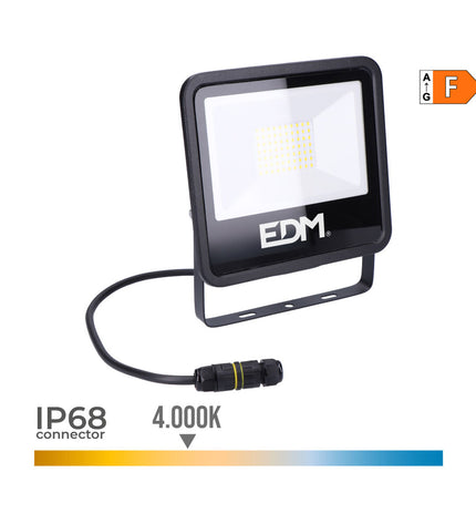Black EDM Bouwlamp EDM 70408 outdoor garden floodlight with 50W, 4000K for outdoor decoration and lighting.