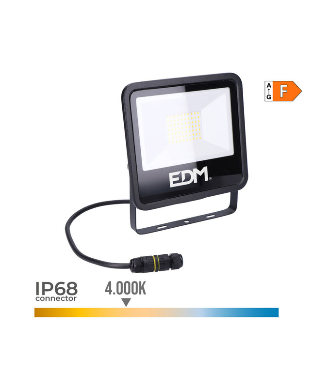 Black EDM Bouwlamp EDM 70408 outdoor garden floodlight with 50W, 4000K for outdoor decoration and lighting.