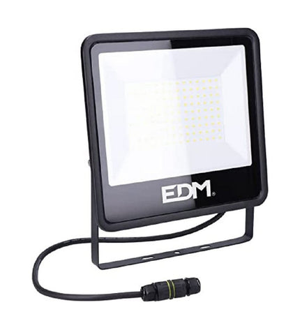 Black EDM Bouwlamp EDM 70409 outdoor garden floodlight with 100W bulb, 4000K for exterior decoration lighting.