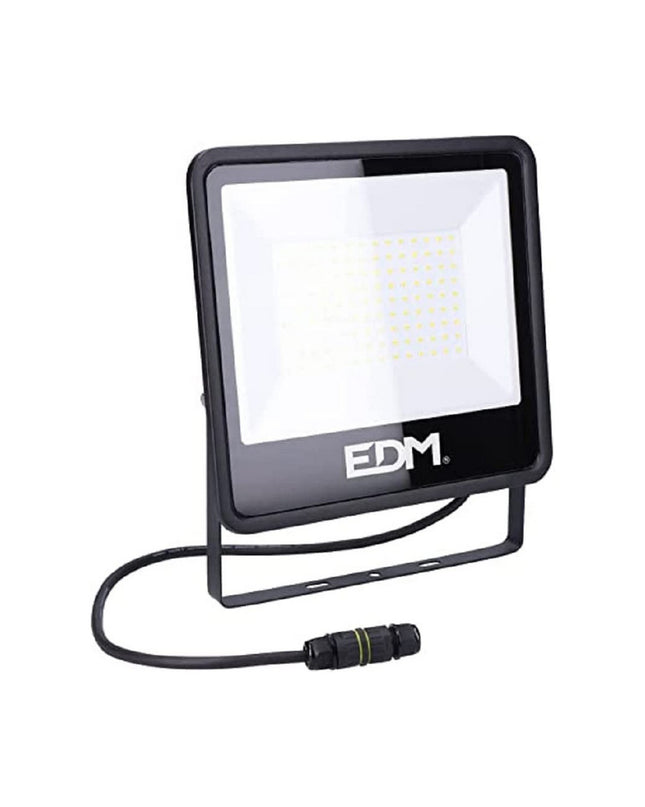 Black EDM Bouwlamp EDM 70409 outdoor garden floodlight with 100W bulb, 4000K for exterior decoration lighting.