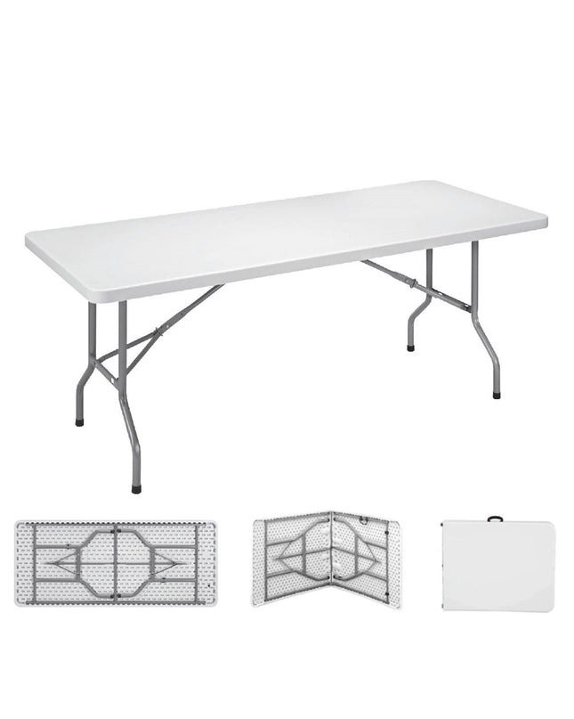 EDM Sport en outdoor Vouwtafel EDM 75130 Wit set up for camping, showing its compact, foldable design on a picnic table.