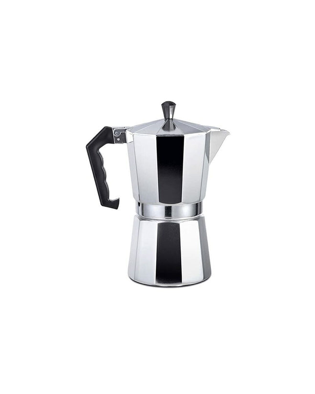 Italian coffee pot EDM aluminum 3-cup moka maker for brewing espresso-style coffee in the kitchen.