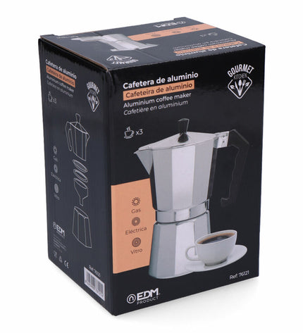 Aluminium Italiaanse koffiepot EDM voor 3 koppen, geschikt voor huis en koken, met handvat en mooi ontwerp