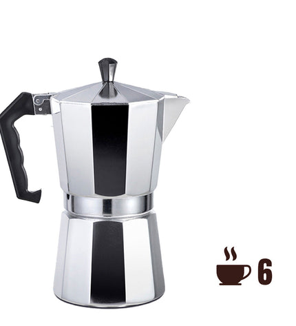 Aluminium Italiaanse koffiepot EDM with 6 cups, ideal for brewing traditional Italian espresso in the kitchen.