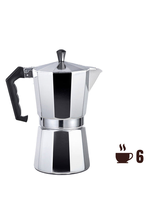Aluminium Italiaanse koffiepot EDM with 6 cups, ideal for brewing traditional Italian espresso in the kitchen.