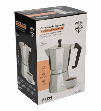 Aluminium Italiaanse koffiepot EDM with 6 cups, ideal for brewing traditional Italian-style coffee in the kitchen.