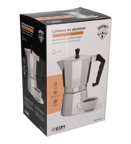 EDM Aluminium Italiaanse koffiepot with 12 cups, traditional stovetop moka pot for authentic coffee brewing.