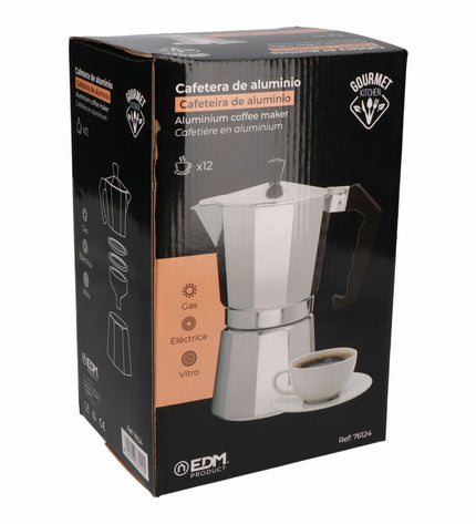 EDM Aluminium Italiaanse koffiepot, 12-cup size, for brewing traditional Italian espresso-style coffee.