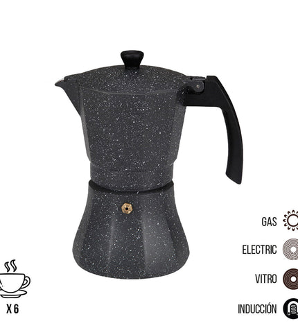 EDM zwarte aluminium Italiaanse koffiepot met 6 kopjes, geschikt voor inductiekoken, voor koffie en thee in huis en keuken
