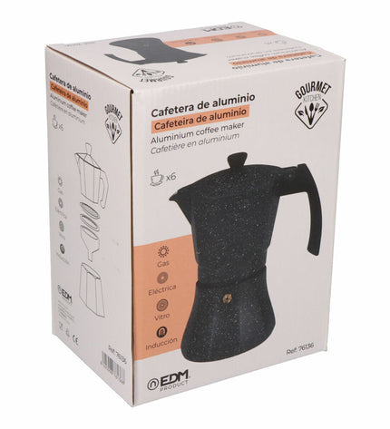 EDM Italiaanse koffiepot in zwart aluminium met 6 kopjes, geschikt voor inductiekoken, voor het bereiden van koffie of thee.