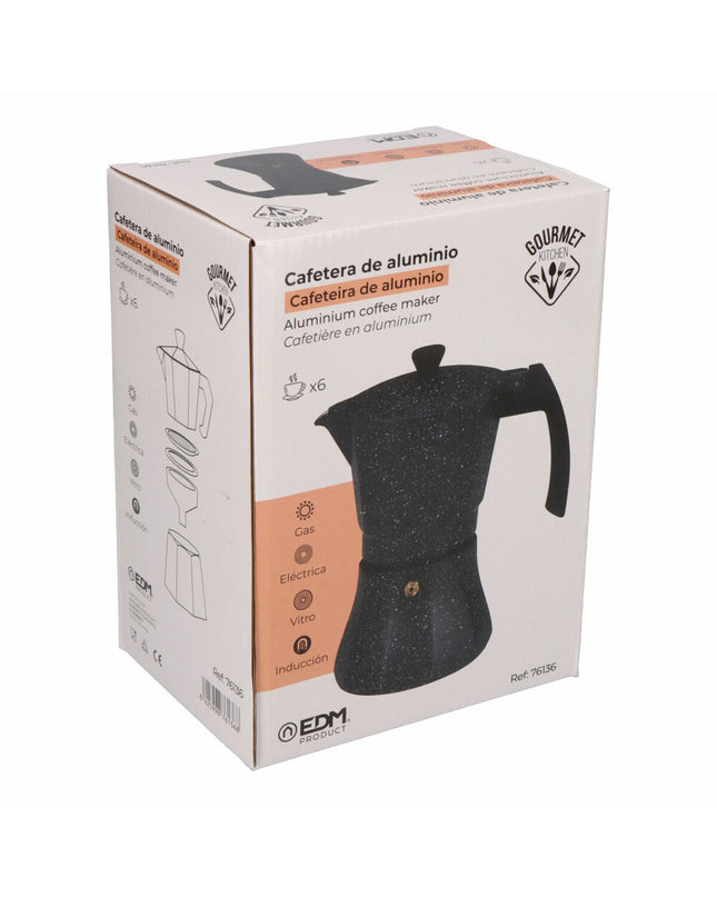 EDM Italiaanse koffiepot in zwart aluminium met 6 kopjes, geschikt voor inductiekoken, voor het bereiden van koffie of thee.