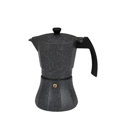 EDM Italiaanse koffiepot in zwart aluminium with 9 cups, ideal for induction stovetops, perfect for brewing traditional coffee.