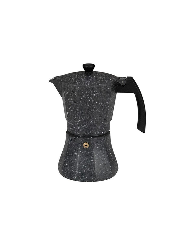 EDM Italiaanse koffiepot in zwart aluminium with 9 cups, ideal for induction stovetops, perfect for brewing traditional coffee.