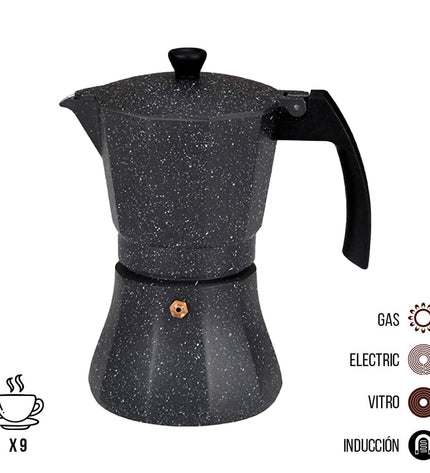 EDM Italiaanse koffiepot in zwart aluminium, 9 kopjes, suitable for induction cooking, used for brewing traditional espresso.