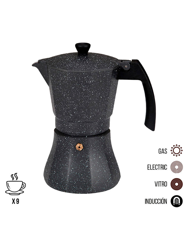 EDM Italiaanse koffiepot in zwart aluminium, 9 kopjes, suitable for induction cooking, used for brewing traditional espresso.