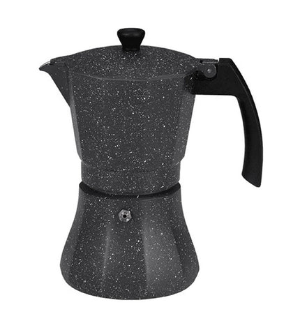 EDM Italiaanse koffiefilterpot in zwart aluminium, 12 kopjes, suitable for induction cooktops, used for brewing coffee.