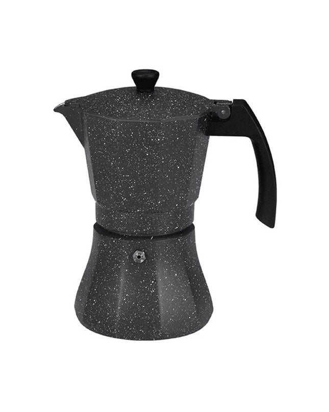 EDM Italiaanse koffiefilterpot in zwart aluminium, 12 kopjes, suitable for induction cooktops, used for brewing coffee.